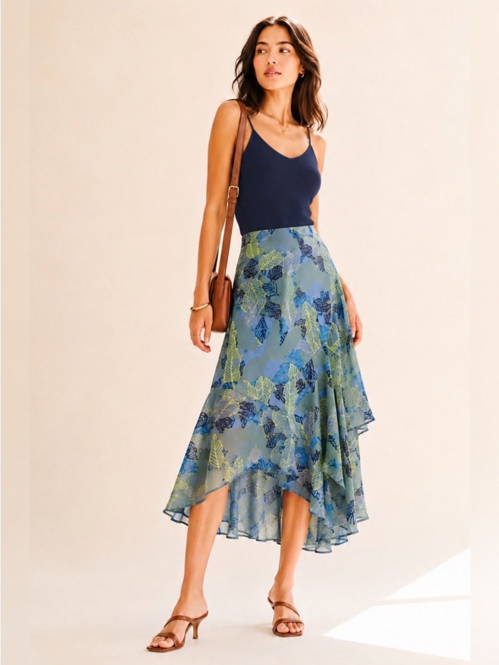 Vintage Leaf Print Chiffon Skirt Asymmetrical Pannels Ruffle Fairycore Sz M